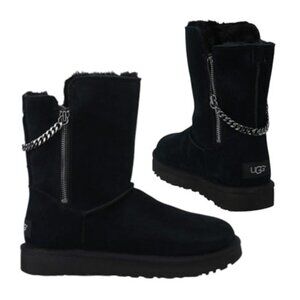 NEW UGG Classic Short Sparkle Zip Chain Boots Black Suede Size 10 Comfy Warm